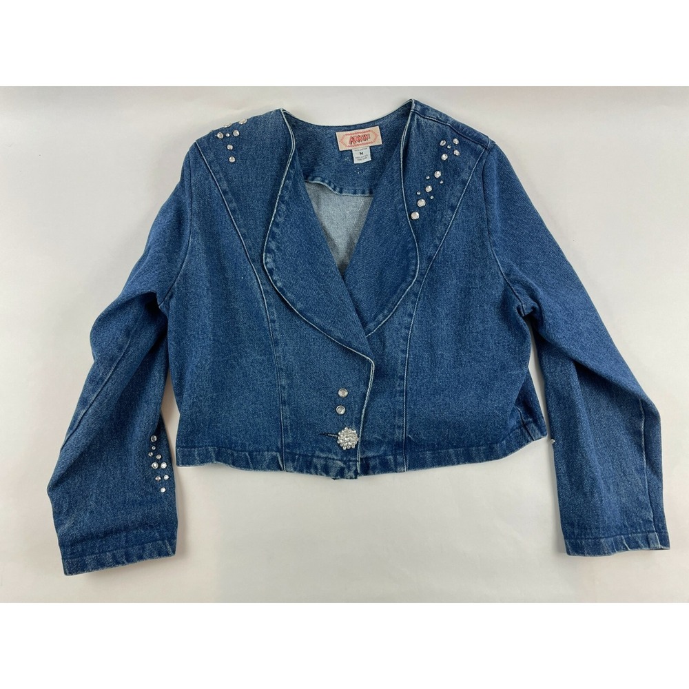 Apache Jean Jacket Women's Size M Blue Denim Rhinestone Crystal Long Slv Vintage